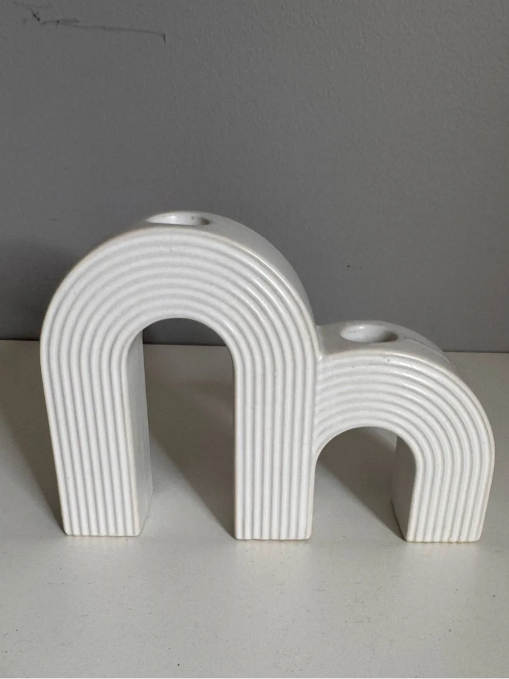 World Market White Ceramic Rainbow Arc Taper Candle Holder Boho Modern Decor